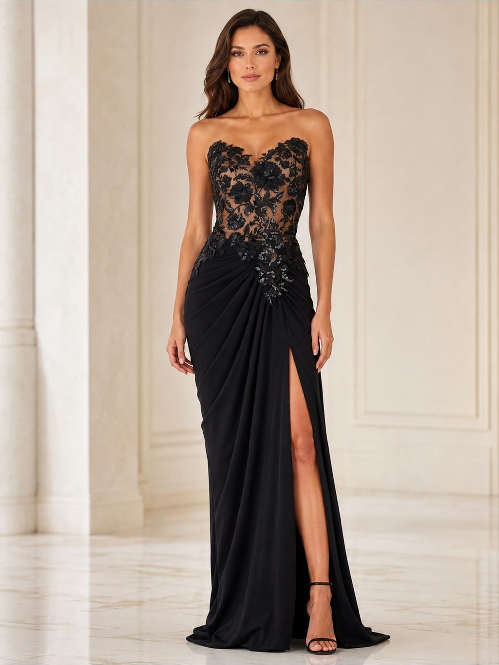 Tadashi Shoji Black Sequin Embroidered Strapless Lace Evening Gown Dress Size 12